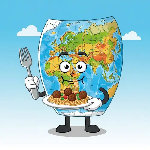 Funny Cartoon Map Enjoying Spaghetti Meal