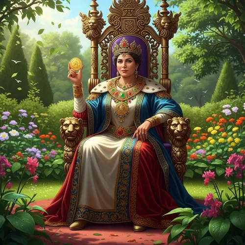 Opulent Female Figure in Elaborate Regalia on Throne with Gold Coin