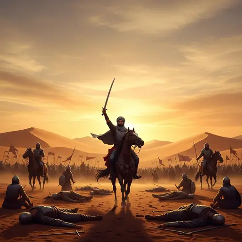 Victorious Muslim Warrior in Pre-Islamic Desert Battle Scene