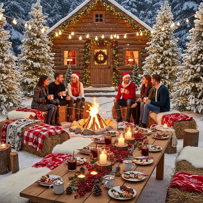 Magical Christmas Party with Rustic Charm and Snowy Cabin Experience
