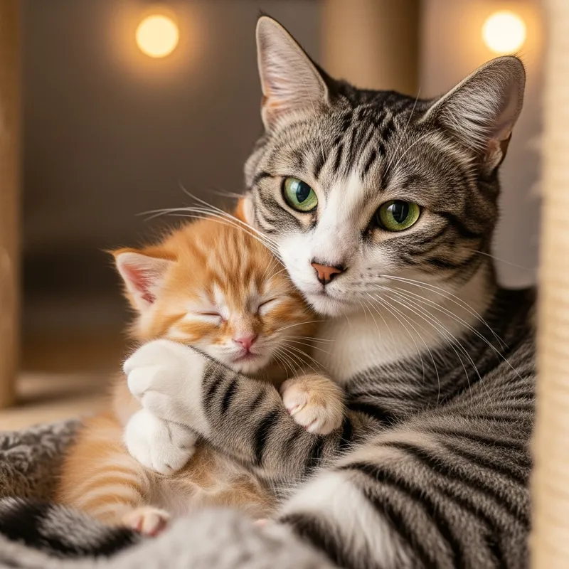Cute Grey Cat and Fluffy Orange Kitten