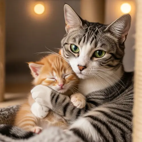 Adorable Grey and White Feline with Fluffy Orange Kitten