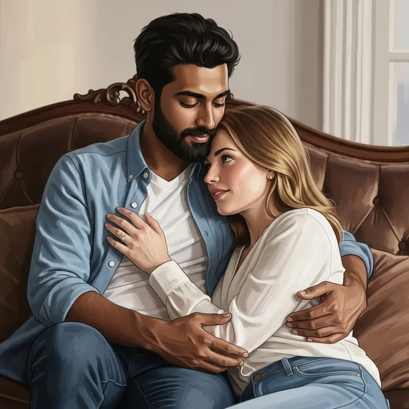 Romantic Embrace on a Plush Couch | Digital Art