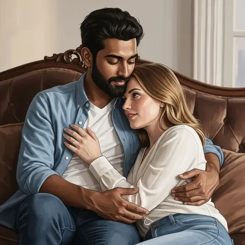 Romantic Embrace on a Plush Couch | Digital Art