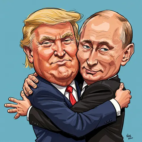 Trump and Putin Caricature Hugging Together