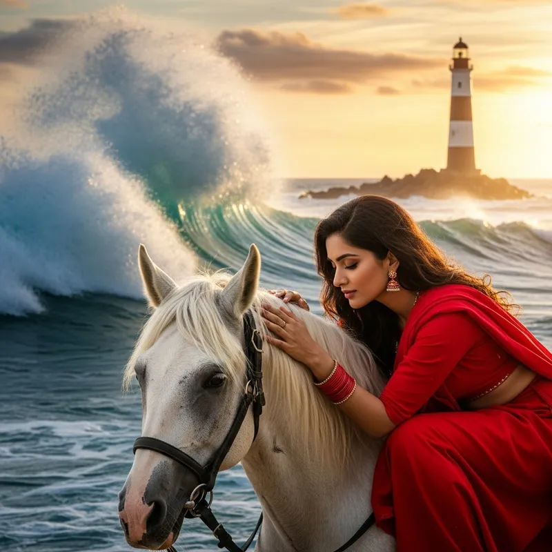Alluring South Asian Woman in Red with Majestic Horse at Lighthouse Alluring South Asian Woman in Red with Majestic Horse at Lighthouse