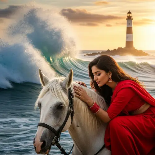 South Asian Woman in Red Stroking Majestic Horse by Lighthouse