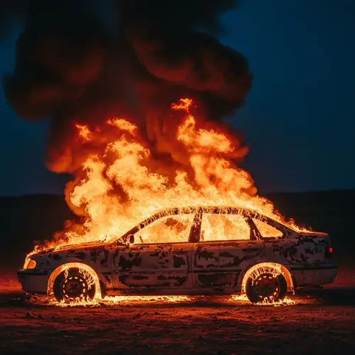 Deserted Car Engulfed in Flames: Dramatic Scene at Night