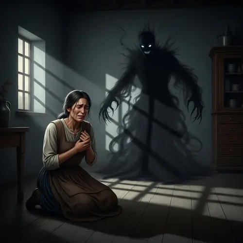 Hispanic Woman Confronts Menacing Entity in Chilling Scene