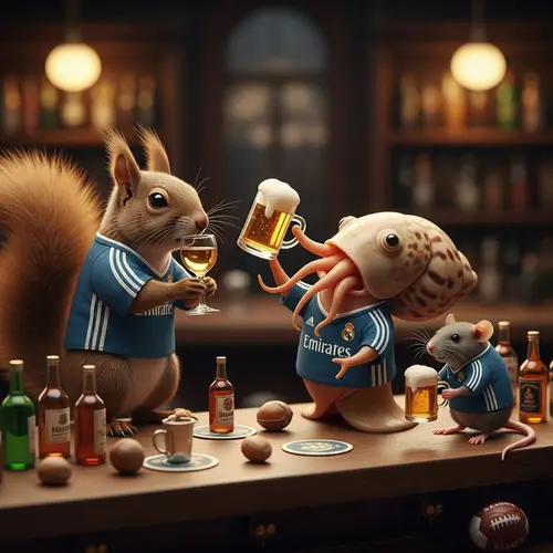 Spanish Bar Scene: Squirrel, Mollusk, and Rat Enjoying Drinks