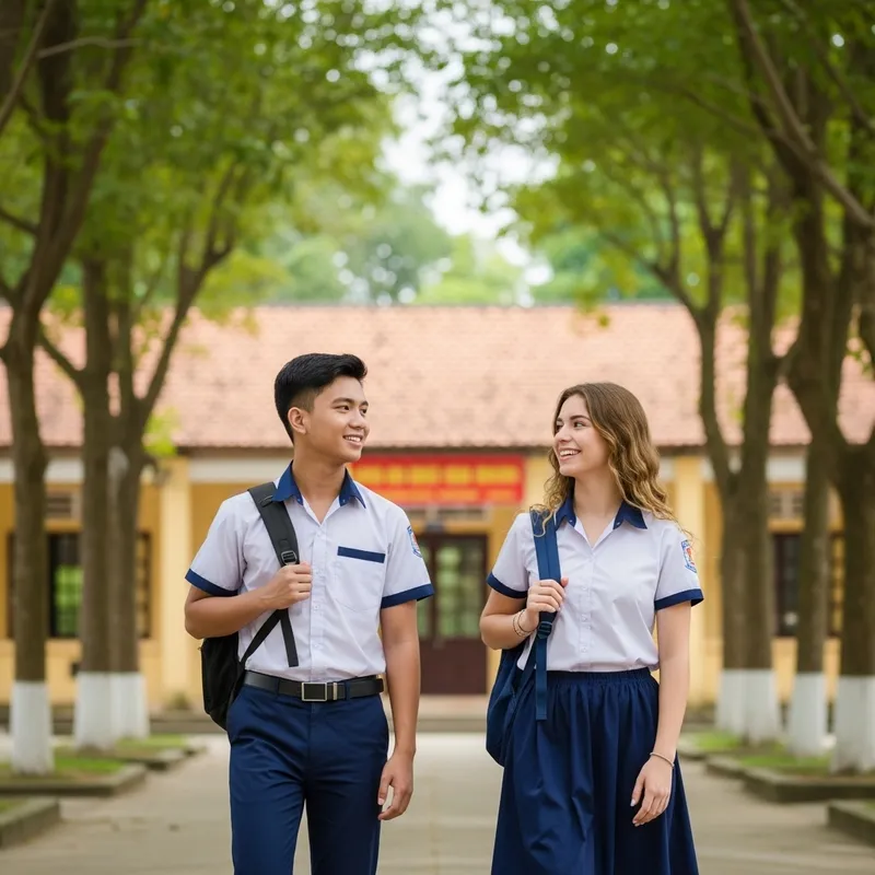 Vietnamese School Students in the Tropical Landscape