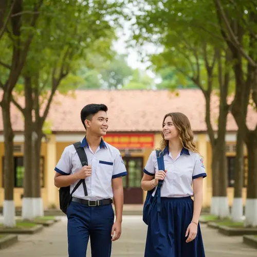 Vietnamese School Students Walking Among Tropical Trees