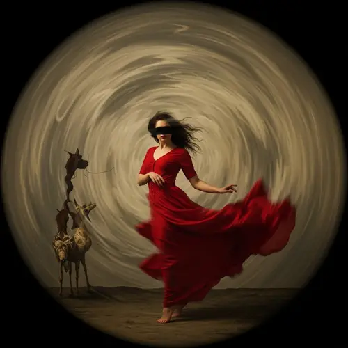 Enigmatic Woman in Flowing Red Dress | Surrealist Art Inspired