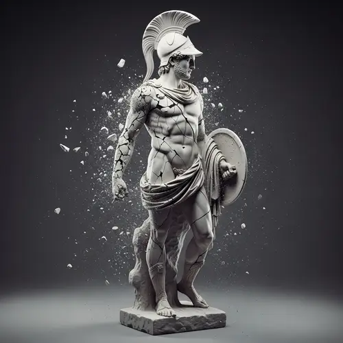 Detailed Side View of Shattering Achilles Marble Sculpture