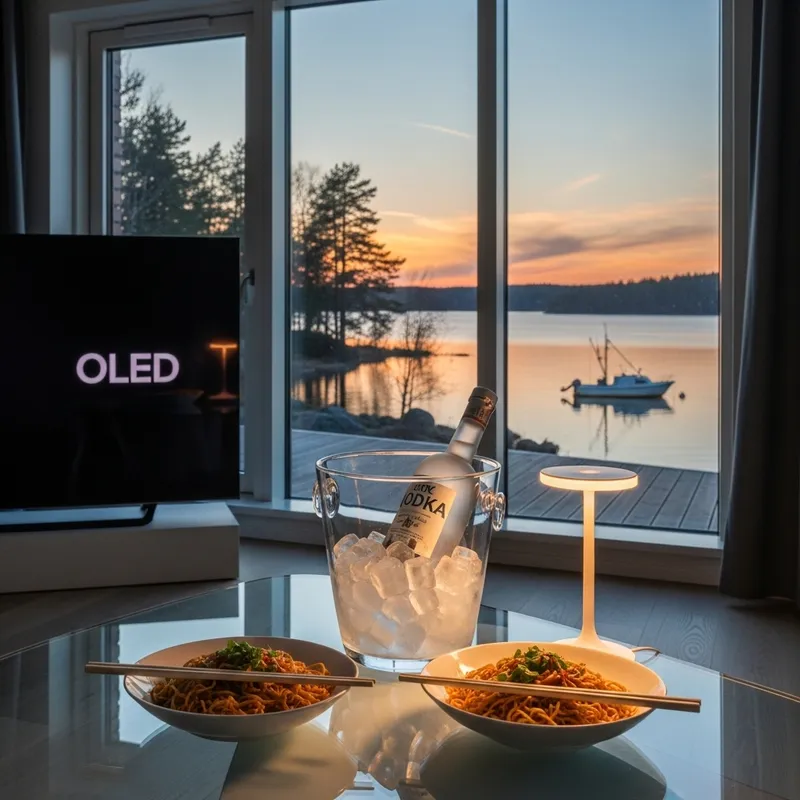 Photorealistic 4k Vodka Bottle & Asian Noodles on Glass Table