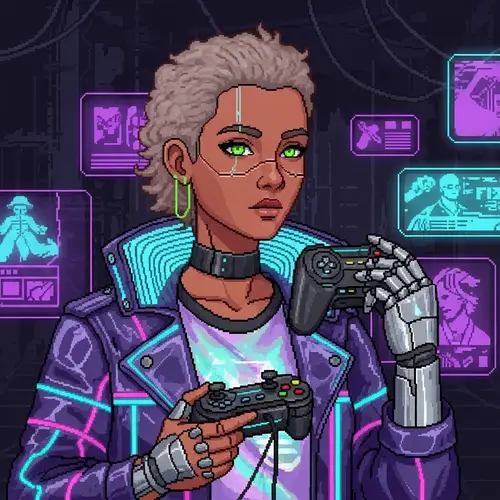 Minimalistic Cyberpunk Woman with Gamepad Pixel Art