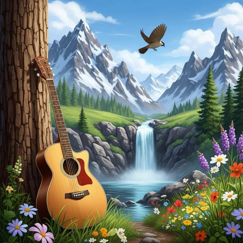 Musicality of Nature: Guitar Serenade in Wild Mountain Landscape