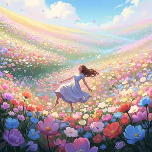 Surreal Woman Floating in Vibrant Flower Field | Dreamy Art