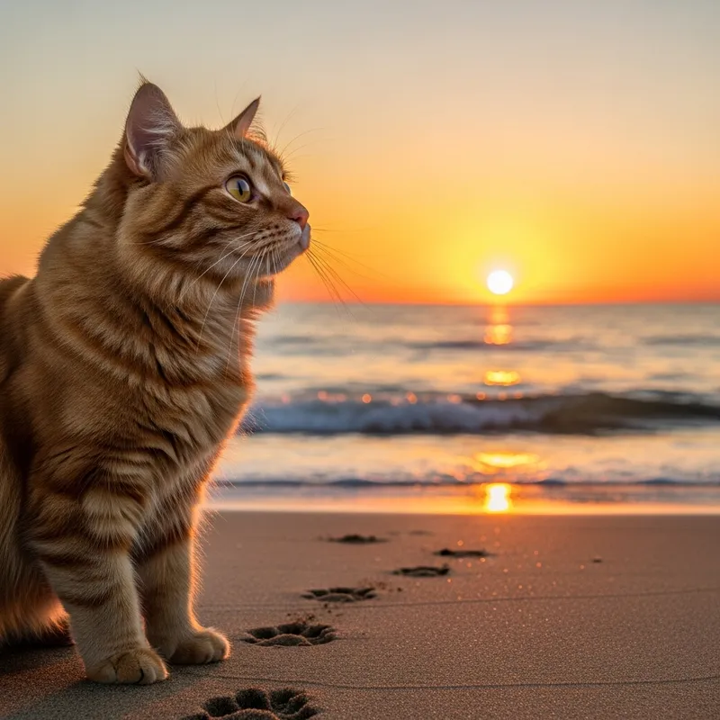 Adorable Cat Gazing at Beach Sunset Adorable Cat Gazing at Beach Sunset