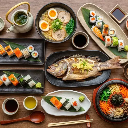 Colorful Asian Cuisine Spread on Wooden Table - Vibrant Meals