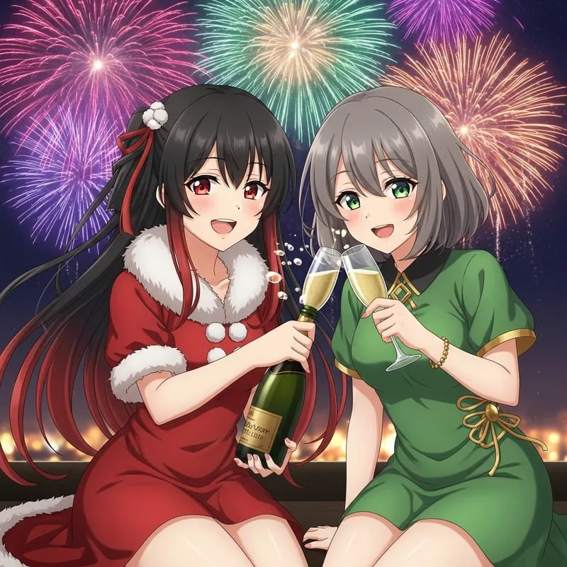 Anime Style Girls with Champagne in New Year's Setting Anime Style Girls with Champagne in New Year's Setting