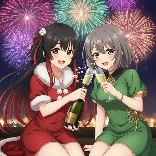 New Year's Anime Style Girls with Champagne and Fireworks