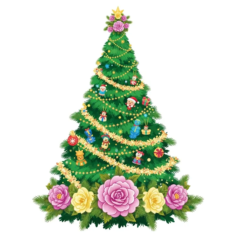 Lush Green Christmas Tree with Floral Ornaments and Flower Crown Lush Green Christmas Tree with Floral Ornaments and Flower Crown