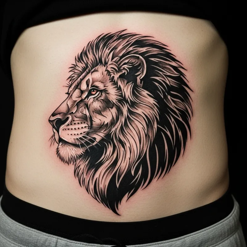Intricate Tribal Lion Tattoo for Lower Abdomen