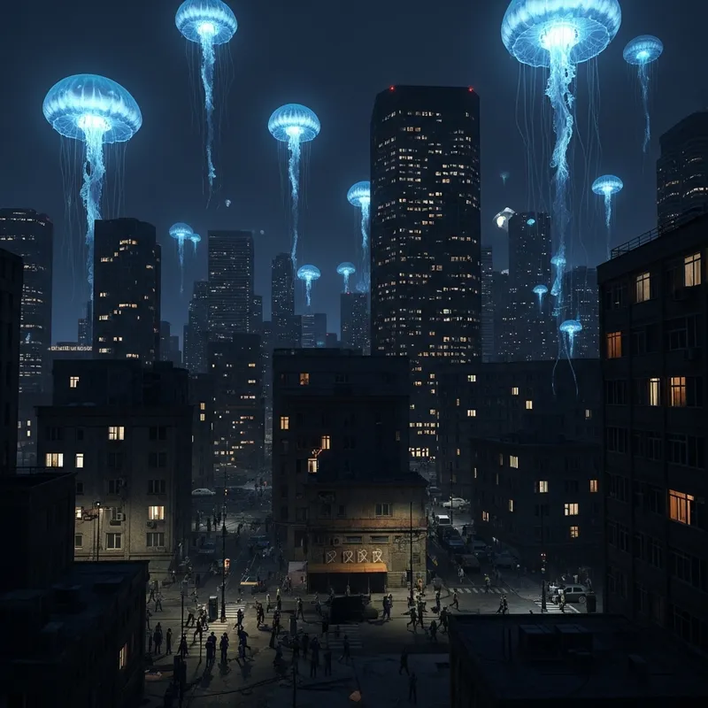 Glowing Alien Jellyfish Invade Dark Future City