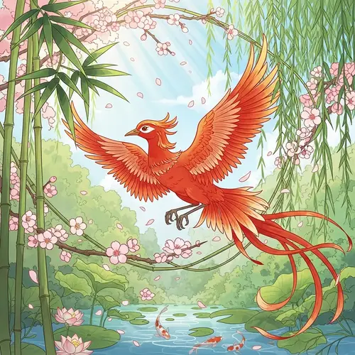 Fresh and Beautiful Illustration of Suzaku Bird in Chinese Art Style