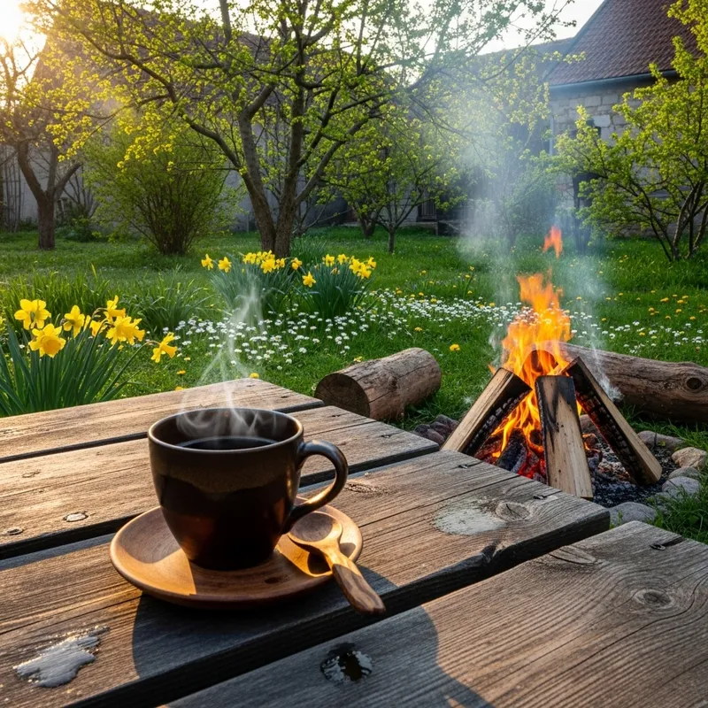 Coffee Cup at Spring Backyard Bonfire Scene