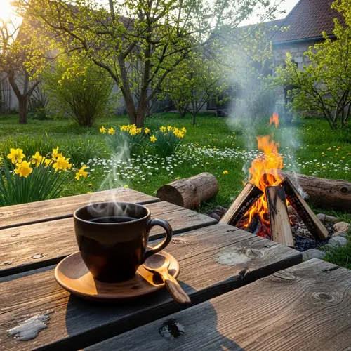 Rustic Coffee Scene with Bonfire at Countryside House