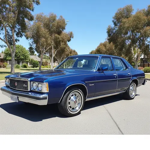 Classic Deep Blue Sedan Car on a Sunny Street
