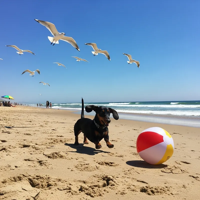 Playful Dachshund Chasing Beach Ball with Seagulls Playful Dachshund Chasing Beach Ball with Seagulls