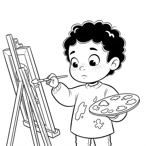 Whimsical Cartoon-Style Coloring Page: Young Child Painting Tribute