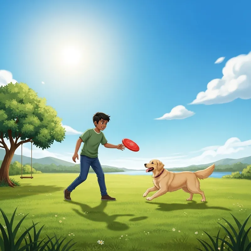 Playful Boy Playing with Dog in Grassy Field