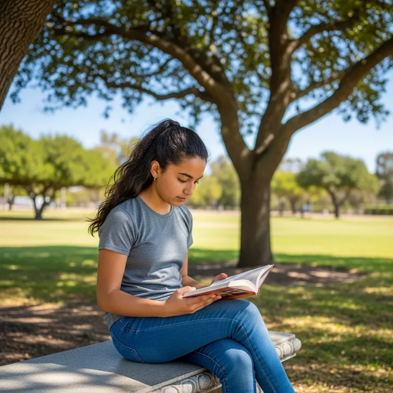 Young Hispanic Girl Reading Book in Sunny Park
