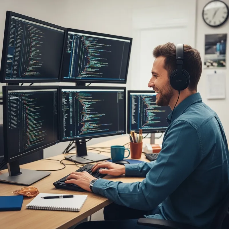 Clever Caucasian Male Programmer Coding with Algorithms | Tech Enthusiast