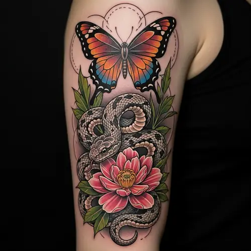 Nature-inspired Tattoo: Snake, Flower, and Butterfly Design