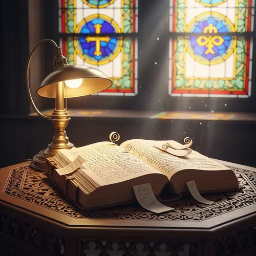 Vintage Leather Bible on Carved Wooden Table