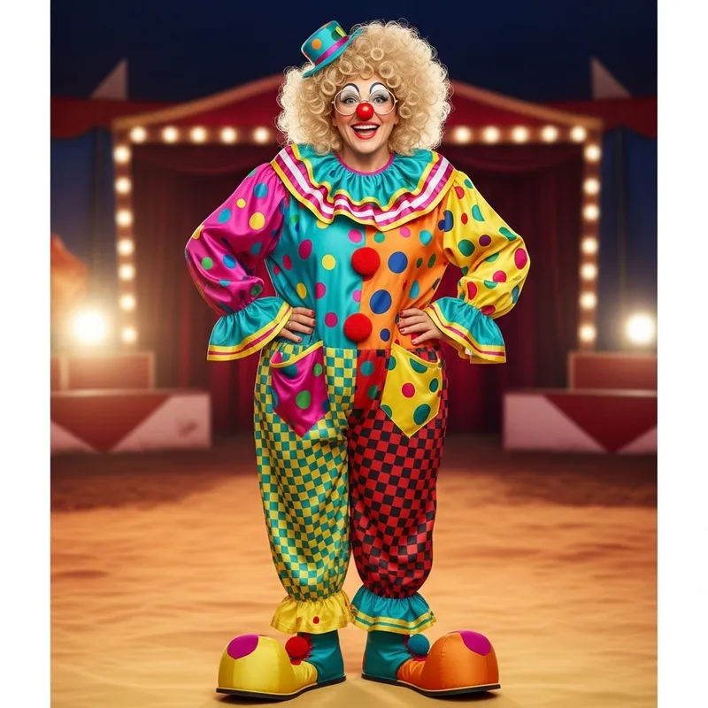 Playful Curly Blonde Clown Woman in Vibrant Costume