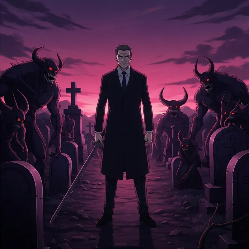 Anime Character in Graveyard Surrounded by Demons at Dusk