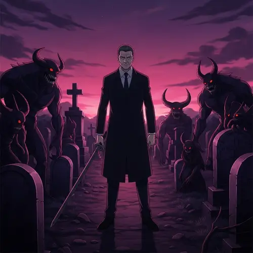 Anime Character in Graveyard Surrounded by Demons