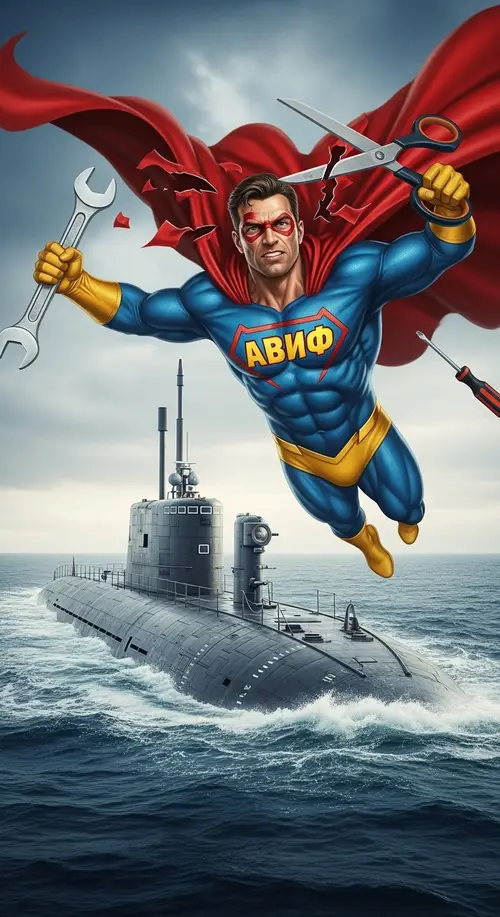 Superman Flying Towards Submarine with Wrench and Screwdriver