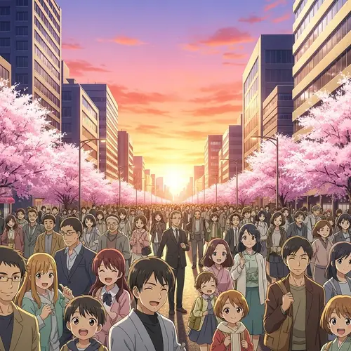 Happy Anime Cityscape with Cherry Blossoms - Joyful Scene