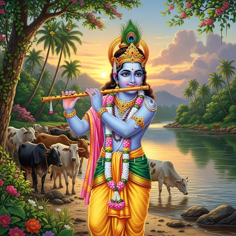 Krishna Deity: Engaging Blue-Skinned Figure with Flute