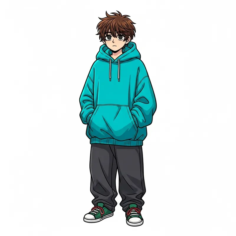 Messy Brown Hair Character in Oversized Turquoise Hoodie