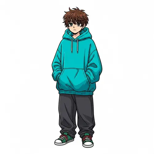 Cartoon Character Illustration in Oversized Turquoise Hoodie