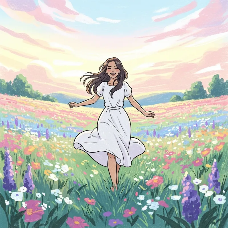 Anime-Style Art of Woman with Long Silky Hair Running in Flower Meadow