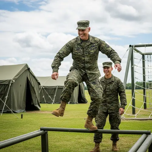Cheerful Middle-Aged Man at Military Drills | Training Camp Fun